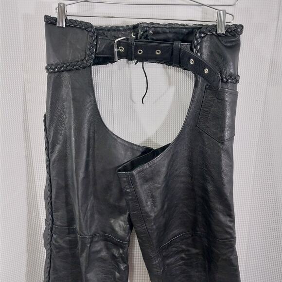 HUDSON LEATHER! BLACK GENUINE LEATHER, HEAVY DUTY BRAIDED DETAIL CHAPS! SZ XL - Picture 3 of 9
